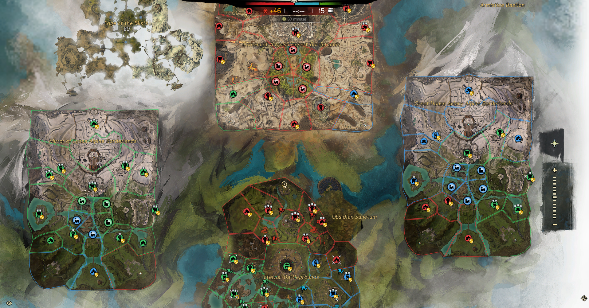 All four WvW maps together — Eternal Battlegrounds and the three Borderlands